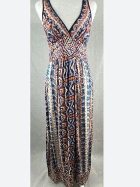 Angie Boho Maxi Dress XS Tribal Print Flowy Festival Beach Vacation Sundress